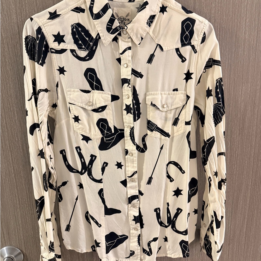 Cotton & Rye Women's Cream Button Down Shirt with Black Western Print